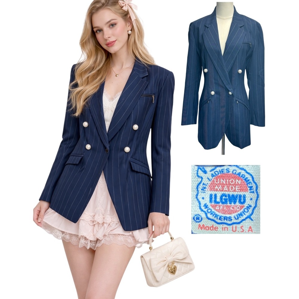 Vintage Tailored Blazer Pinstripe 100% Wool Pearls Navy Blue Academia ILGWU 4 S